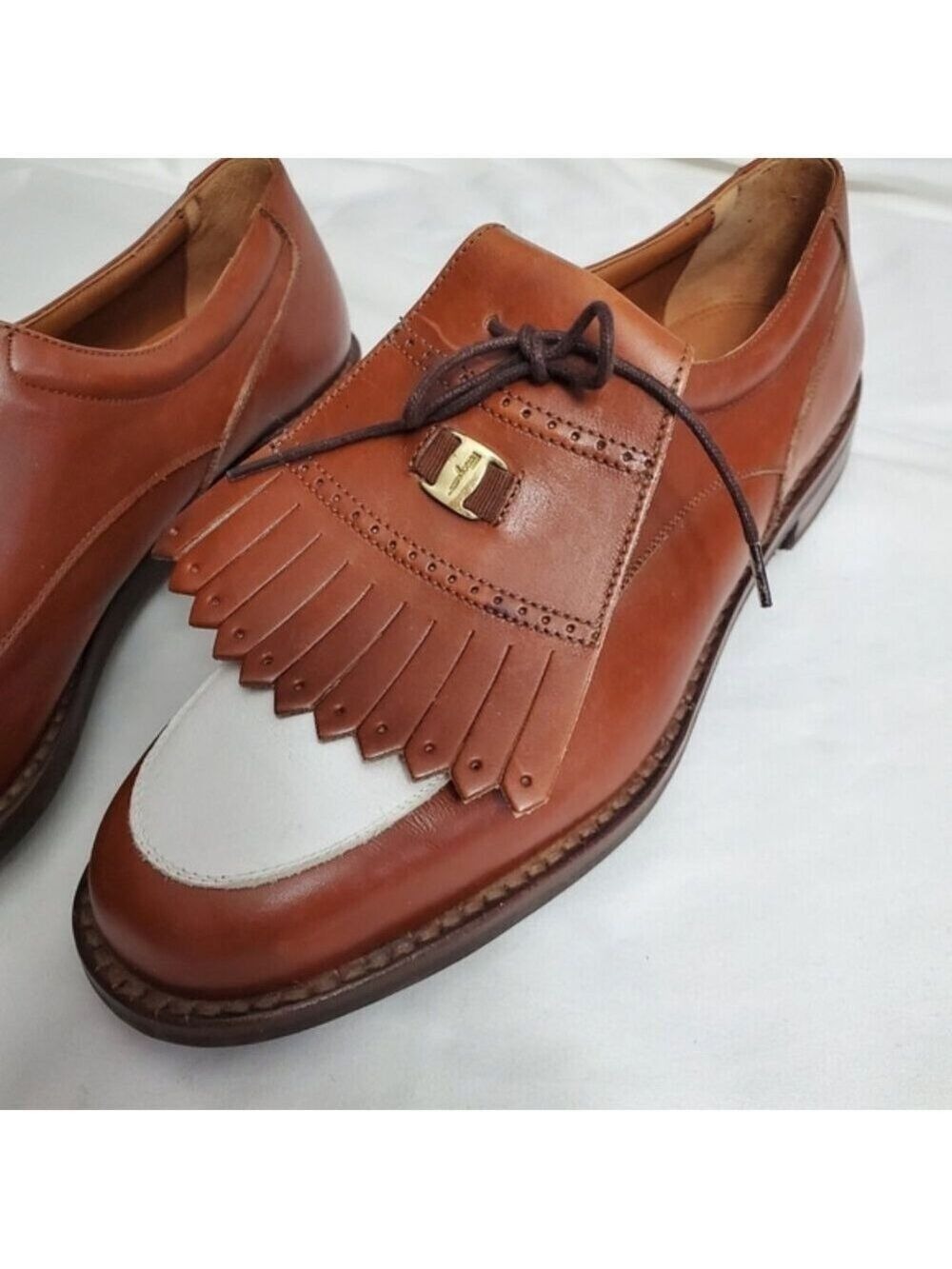 Salvatore Ferragamo Vintage Leather Kiltie Golf Shoes Tan & White - Picture 3 of 12
